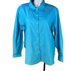 Foxcroft No Iron 100% Cotton Long-Sleeve Button Down Shirt Bright Cyan Size 20W